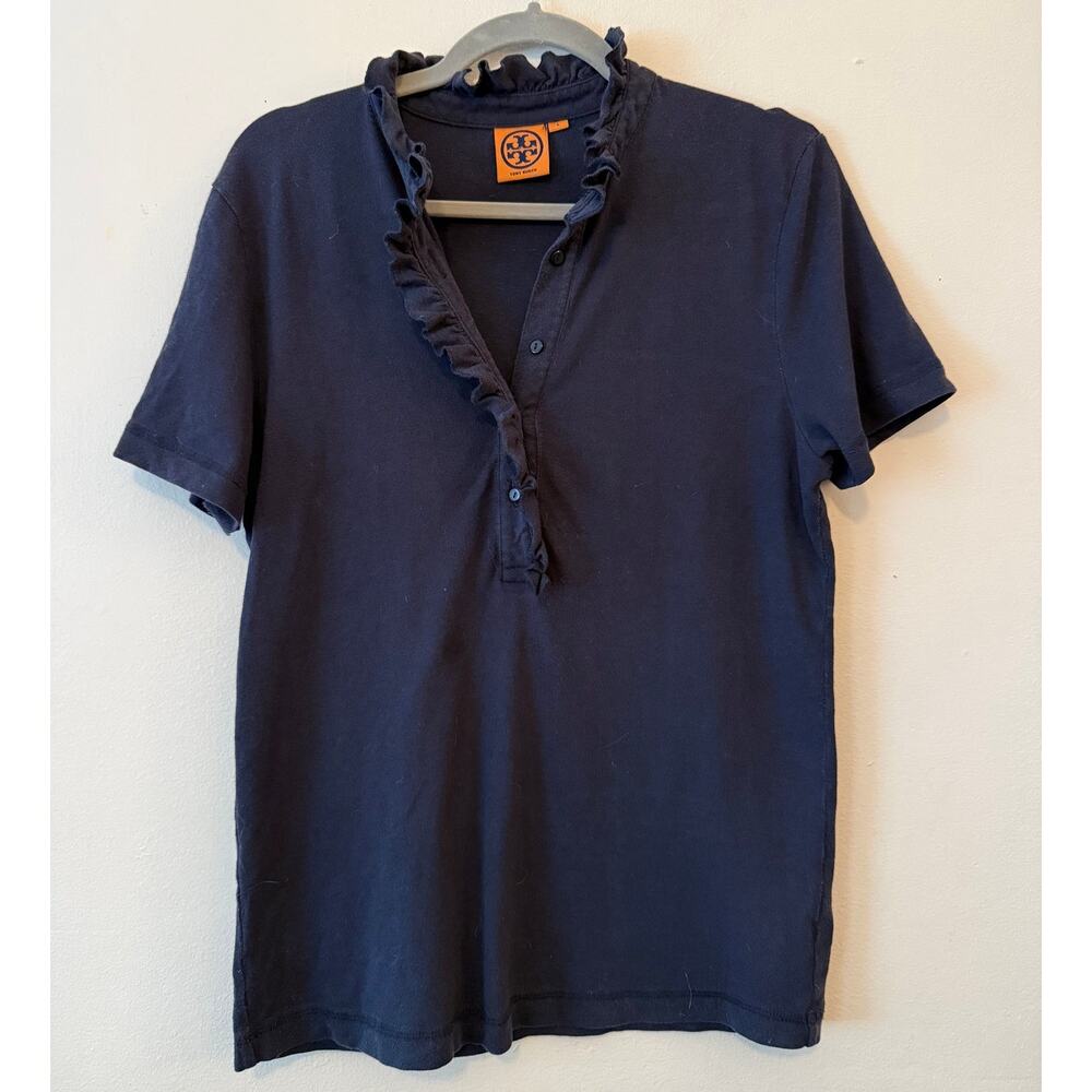 Tory Burch navy ruffle neck top, Size L